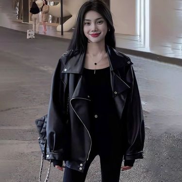 Autumn Winter Street Style Sweet Cool Spicy Leather Loose Oversize Versatile Padded Jacket For Women_voghion.com