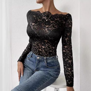 2025 New Fan-shaped Collar Off-shoulder Single-layer Lace Slim Fit T-shirt Long Sleeve Top_voghion.com