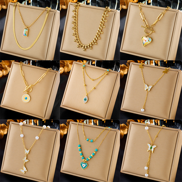 Fashionable niche creative simple pearl butterfly colorful rhinestone love pendant tassel chain multi-layered necklace_voghion.com