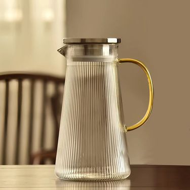 Striped Glass Pitcher With Bamboo/Stainless Steel Lid – 1.5L Hand-Blown Heat-Resistant Beverage Jug For Iced Tea, Infused Water & Cocktails_voghion.com