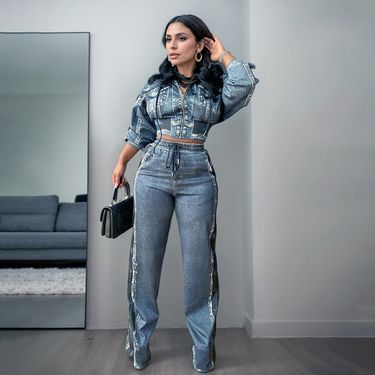 Women's Clothing High End Small Fragrance Style Retro Denim Print Jacket Wide Leg Pants Two Piece Suit_voghion.com