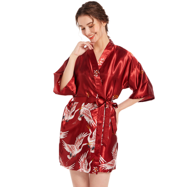 Women's clothing ice silk national style crane large size cardigan nightgown bathrobe summer thin silk wedding gown bride bridesmaid morning gown_voghion.com