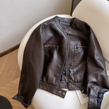 Vintage Style Women's PU Leather Jacket - Loose Fit Short Biker Jacket With Notched Lapel, Black/Brown/Ankara Red (Sizes L-3XL)_voghion.com