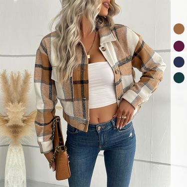 Women's clothing short plaid cardigan lapel jacket women_ecoleips.com