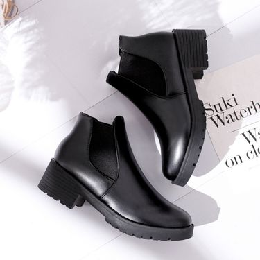 New boots women's low heel women's short boots thick heel leather boots low leg women's shoes_voghion.com