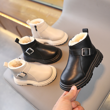 Kids' shoes winter velvet fashion British short boots boys' fashion boots girls soft sole warm cotton boots buckle_voghion.com