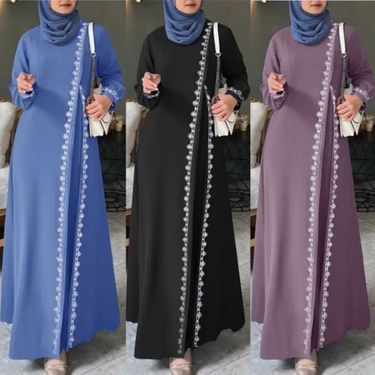 Women's clothes Muslim robe dress fashion long sleeve lace crochet vest women spring casual fake two piece dress_voghion.com