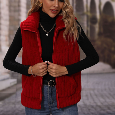 Women's lapel sleeveless loose striped zipper plush casual vest jacket_voghion.com