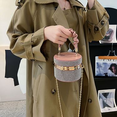 Spring simple and stylish mini flash diamond fashion bucket bag versatile pleated chain shoulder bag for women_viptrois.com