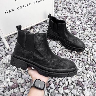 Brock Chelsea Boots Men's Genuine Leather Martin Boots High-top Leather Shoes Thick-soled Heightening Style Retro Zhongbang Short Boots_voghion.com