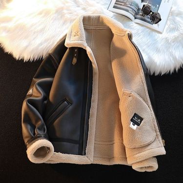 Men's Clothing Men's fur and leather suede jacket, plush and thickened motorcycle clothing, winter trendy loose jacket, lambskin top_voghion.com
