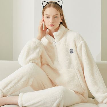 Women's half zipper home clothes comfortable cotton velvet plus velvet autumn and winter warm coral velvet couple pajamas_voghion.com