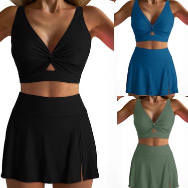 2025 New Solid Color Gathered High Waisted Skirt Pants Sexy Split Bikini Women's Swimsuit_voghion.com