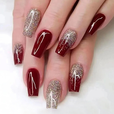Explosive Sparkling Gold Powder Wine Red Bridal Beauty Mid length False Nails New Year Wearing Nail Ins Style_voghion.com