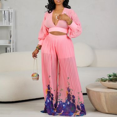 Women's V-neck chiffon lantern sleeve top pleated wide-leg pants two-piece set_mkmklike.com