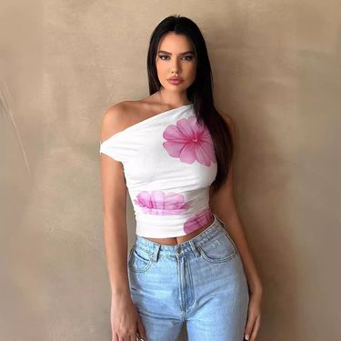 Women’s Clothing Sexy Hot Girl Hibiscus Flower Print Asymmetrical Neckline Short Top Waist Design Vest Top_voghion.com