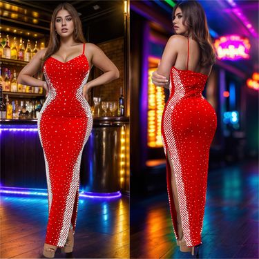 Women's Clothing Fashion Women's Hot Diamond V Neck Dress Long Skirt New_voghion.com