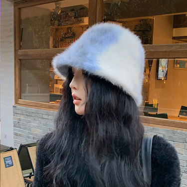 Korean version of new autumn and winter high-end tie dyed rabbit contrasting fur bucket hat for women's outdoor outings,_voghion.com