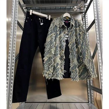 Vintage Distressed Denim Jacket With Fringe & Flared Jeans Set – 90s Retro Two-Piece Outfit For Men, Cozy Fleece-Lined For All Seasons_voghion.com