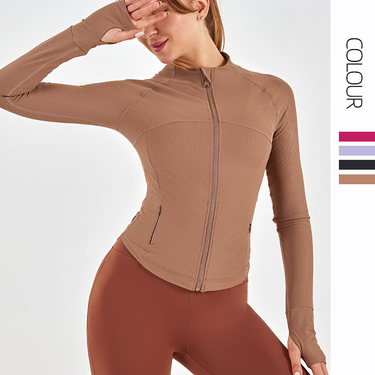 Women's stand-up collar slim-fitting yoga wear high-elastic and soft threaded zipper pocket fitness wear_voghion.com