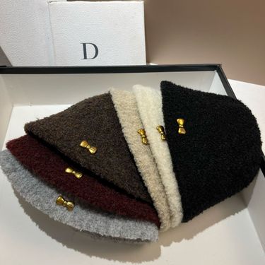 Korean bow lamb bucket autumn and winter sweet plain skin whitening casual for women outdoor street basin hat_voghion.com