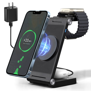 New Vertical Folding Magnetic Three in One Wireless Charger Suitable for Apple 14 Phone Earphones, Watch Charging 15W_voghion.com