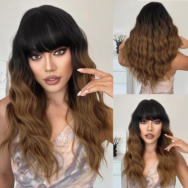 Bangs Blonde Wigs Long Wavy Curly Ombre with Dark Root Synthetic Wig for Women Daily Party Use (20inch)_voghion.com