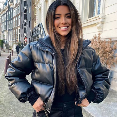 New European and American style PU leather cotton coat for women, stand collar, short warm bread coat, cotton coat, motorcycle, cool girl casual_viptrois.com