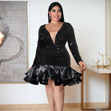 Women's Clothing sexy see through deep V neck sequined dress banquet dance party short skirt dresses_voghion.com