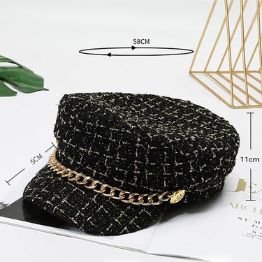 Hot Sale Pearl Chain Flat Top Navy Hat Fashion Beret Newsboy Caps Berret Woman Octagonal Hats Women's Designer Apparel boinas_voghion.com