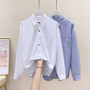 Vintage-Inspired Striped Cotton Blend Shirt For Women - Relaxed Fit, Long Sleeve, Elegant Office & Casual Wear_voghion.com