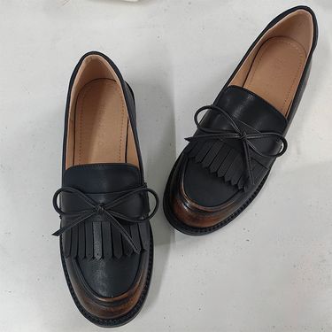 2024 Spring New Single Shoes Women Black Thick Heel Tods Shoes Korean Bow Loafers Flat Work Shoes Wholesale_voghion.com