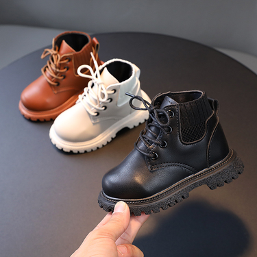 Child's shoes Solid color ankle boys fashion Martens with wool top for girls Soft soled Single boot leather boots_mkmklike.com