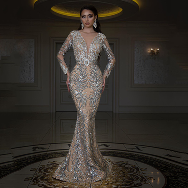 New hot gold long sleeve slim-fit package hip sexy long dress evening gown_voghion.com