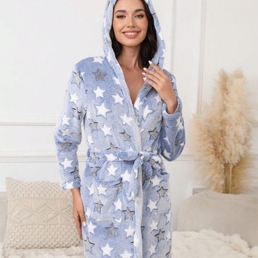Ladies Star Pattern Autumn And Winter Double-sided Fleece Lace-up Bathrobe Pajamas Hooded Thermal Nightgown Bathroom_voghion.com