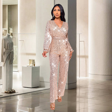 Women's Clothing INS style deep V fashion casual jumpsuit long sleeved belt sequined jumpsuit _voghion.com