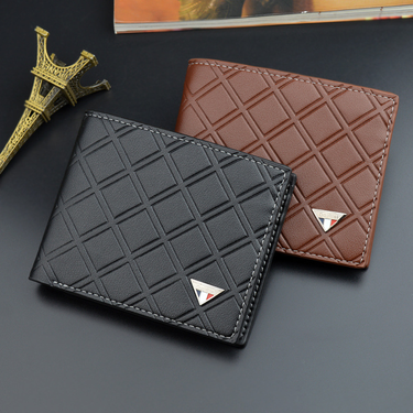 Men's Wallet New Fashion Casual Leather Money Bag Short Youth Emed Plaid Thin Soft Purses Coin Purse Tri-fold Wallet_voghion.com