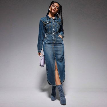 Women's Clothing Lapel Button Long Sleeve Slit New Denim Long Dress _voghion.com