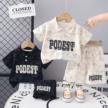 Summer 2025 New Full Printed Letter Casual Fashion Polo Collar Short Sleeve Two Piece Set_voghion.com