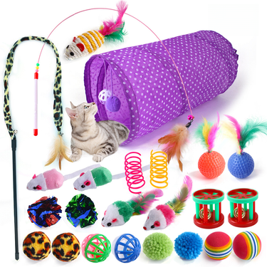 Pet Cat Toy Bell Ball Feather Teasing Cat Stick Plush Mouse Spring Cat Tunnel 24 Piece Set_voghion.com