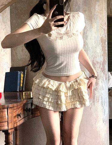 hot selling Deeptown Coquette Lace Crop T Shirts Women Sweet Girl White Bow Hollow Tees Aesthetic Korean Fashion Short Sleeve Tops_voghion.com