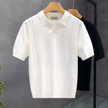 Men's Clothing new V neck Polo shirt men's design knitted sweater short sleeved T shirt loose lapel solid color spring and summer trend_voghion.com