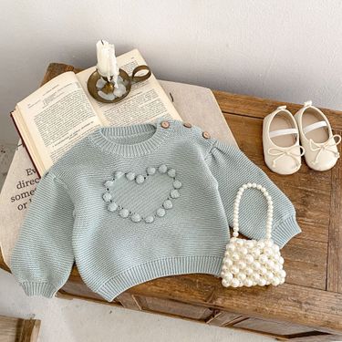 2024 new autumn clothing for infants, young children, girls, and babies, sweet handmade ball knitted heart-shaped hollow_voghion.com