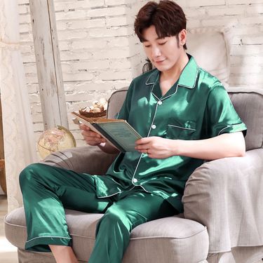 Silk Pajamas Men's Summer Short-sleeved Trousers Korean Style Men's Home Wear Trousers Spring Ice Silk Two Pieces_voghion.com