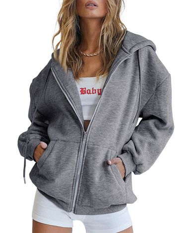 Women's Clothing Women's Cute Hooded Jacket With Drawstring - Oversized Zip-Up Sweatshirt For Teens & Girls - Cozy Fall Outerwear In Multiple Colors_voghion.com