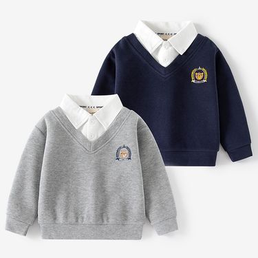 XUANMU Fall Cotton Kids Fashion Polo Collar Sweater Boy Loose Drop Shoulder Top Children Bear Lapel Pullover XB035_voghion.com