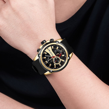 Men's Sports Chronograph Watch – Date Display, Luminous Hands, 30M Waterproof, Silicone Strap (Black/Steel/Gold Dial, LD57 Quartz Movement)_voghion.com