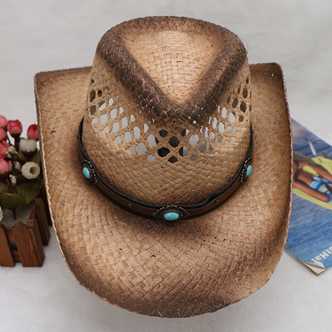 hand-woven raffia spray-painted gemstone belt decoration men's and women's western cowboy hat_voghion.com