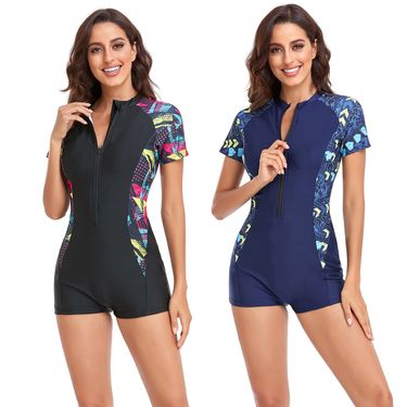 Women's Clothing New Bikini One Piece Short Sleeved Zipper Conservative Swimsuit Female Surfing Suit Ladies Swimsuit_voghion.com