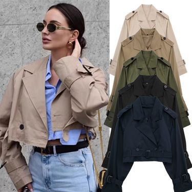 Women's Short Trench Coat – Slim Fit Casual Blazer Jacket With Belt, Double Breasted, (Black, Khaki, Dark Brown, Navy, Army Green)_voghion.com